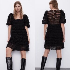 Zara Black Tulle Fringe Mini Dress Size Medium Blogger Favorite Cocktail Party
